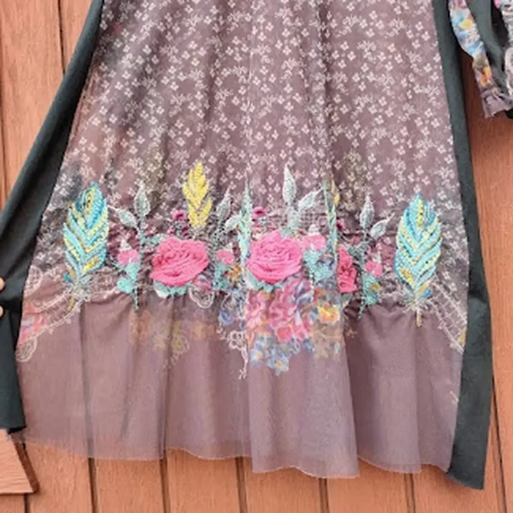 BIYA JOHNNY WAS | Embroidered Floral Sheer Mesh Long Sleeve Dress Knee Length S